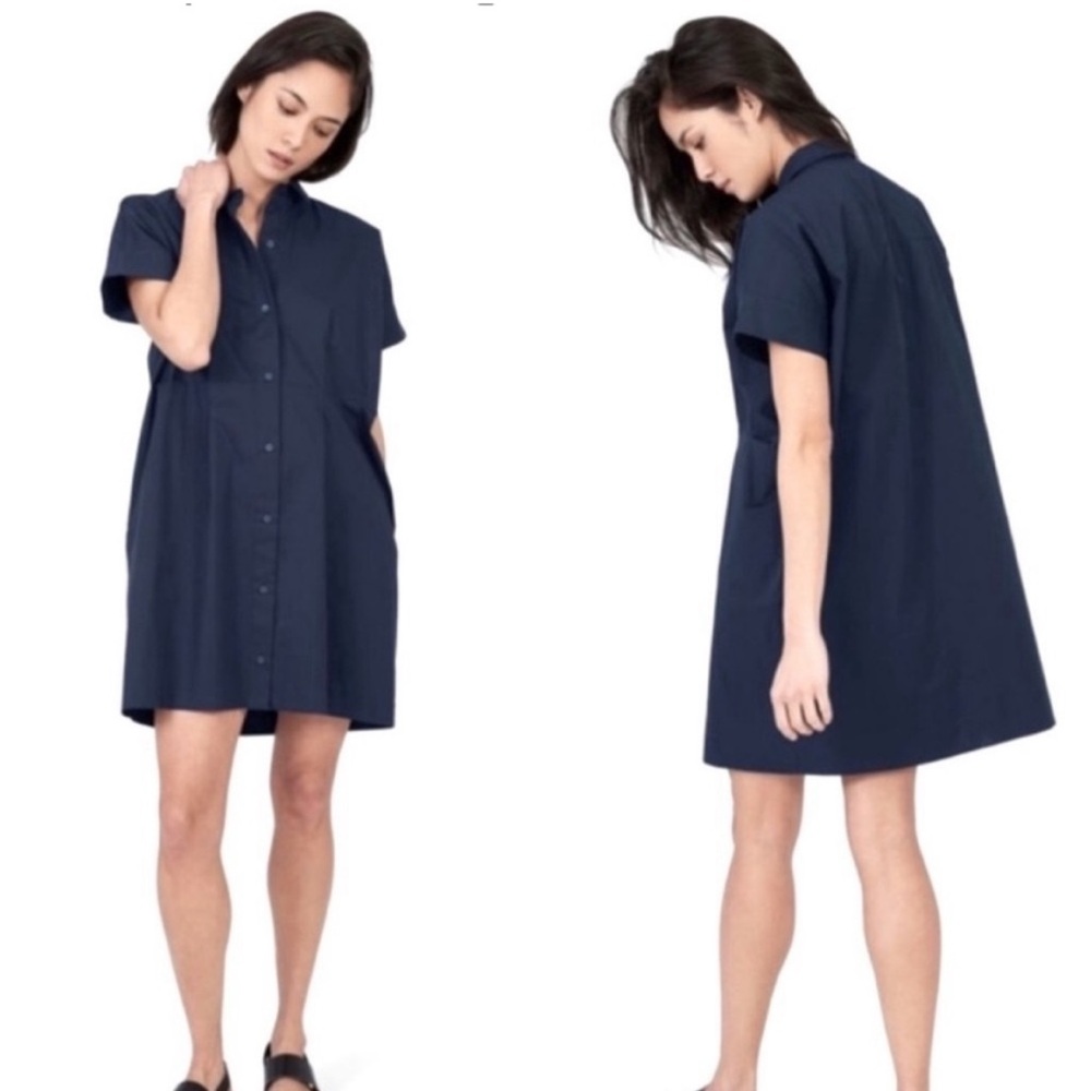 EVERLANE The Cotton Collarless Shirtdress in Navy Blue Size 6